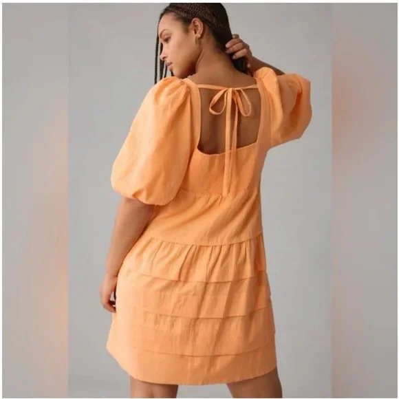 Anthropologie Square Neck Puff Sleeve Orange Dress Size Medium - Picture 2 of 11